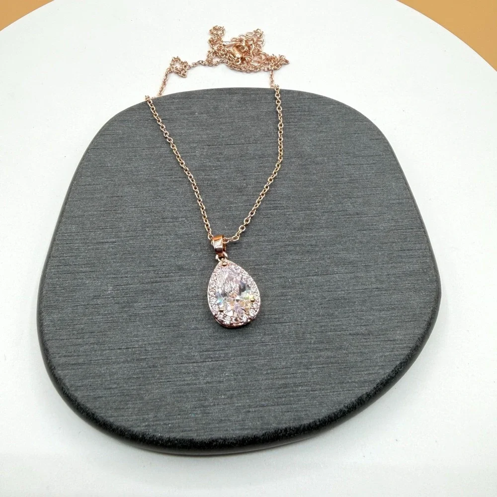 Rose Gold Tone Pear Cut CZ Halo Pendant Necklace Clear Crystal Bridal Jewelry